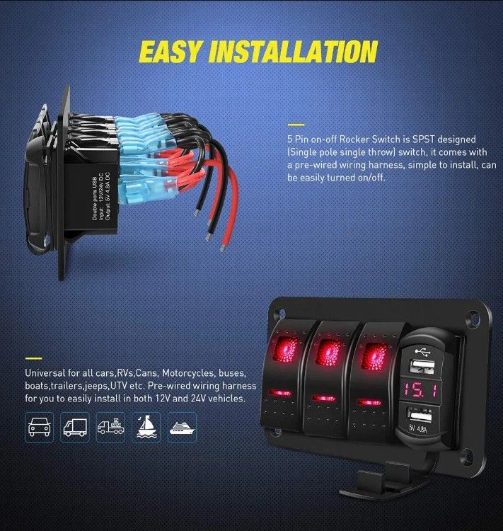DC12V 24V 3 العصابة الحمراء LED Light Rocker مربع لوحة التبديل مع مزدوج 4.8A USB شاحن فولتميتر للسيارات البحرية الشاحنات القوارب