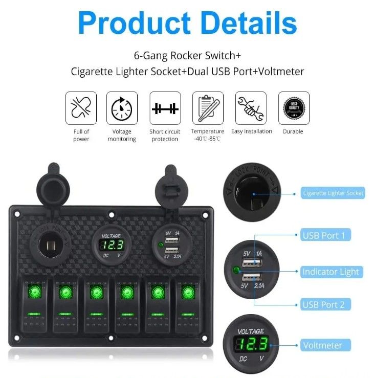 عازل المياه قارب بحري صانع التبديل لوحة 6 عصابة مع منفذ USB مزدوج 3.1A فولت متر ضوء LED الأزرق