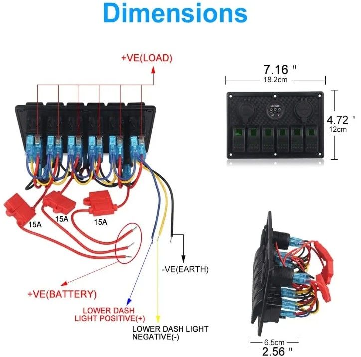 عازل المياه قارب بحري صانع التبديل لوحة 6 عصابة مع منفذ USB مزدوج 3.1A فولت متر ضوء LED الأزرق