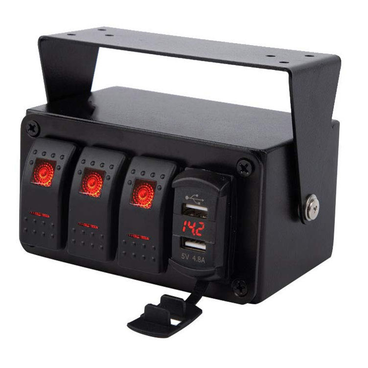 DC12V 24V 3 Gang Red LED Light Rocker صندوق لوحة التبديل مع شاحن USB مزدوج 4.8A