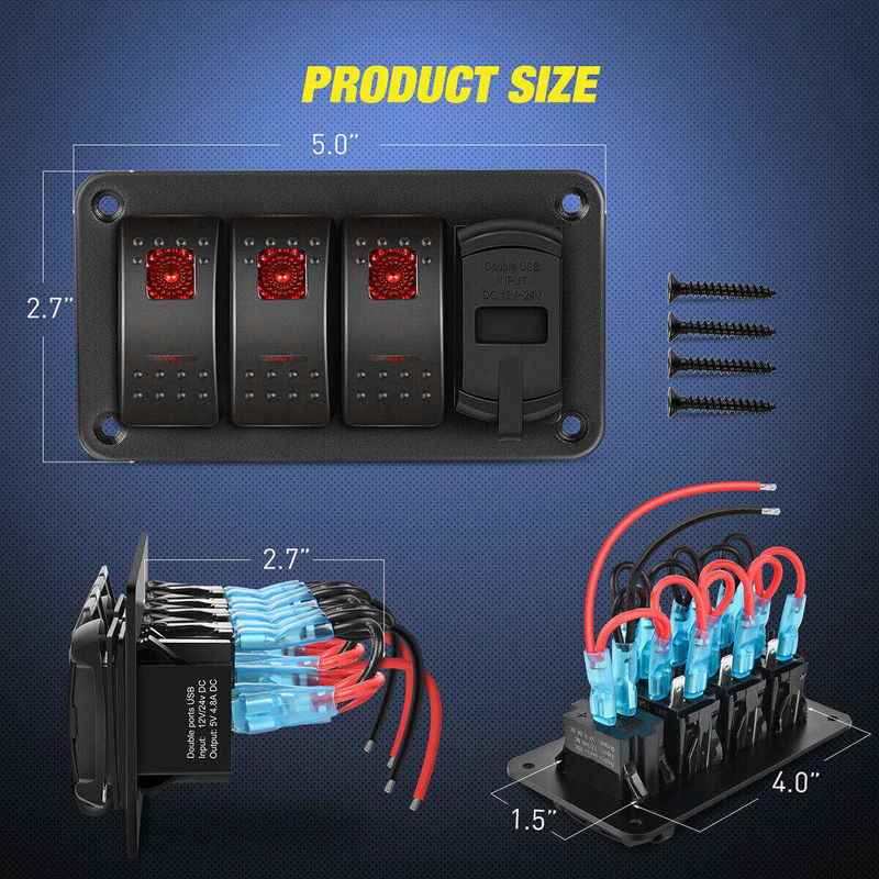 DC12V 24V 3 Gang Red LED Light Rocker صندوق لوحة التبديل مع شاحن USB مزدوج 4.8A